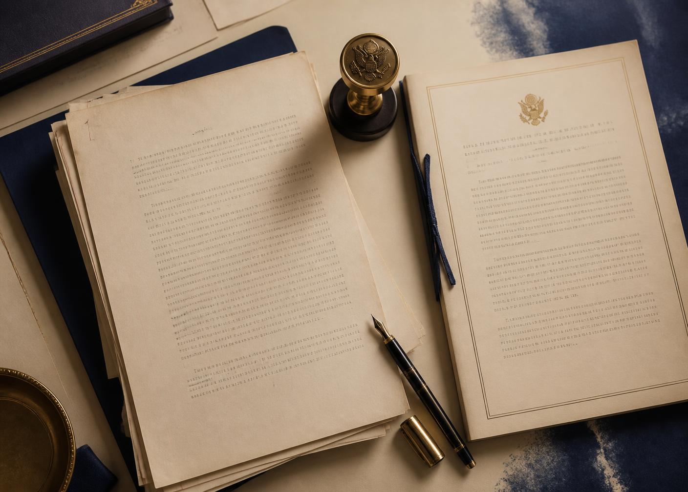 A stack of typed complaint letters, a brass seal and a fountain pen on cream legal paper